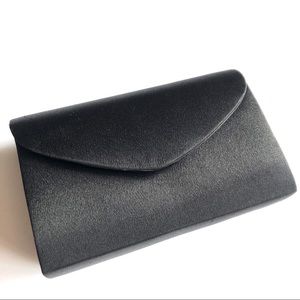 Black satin evening clutch bag with chain strap